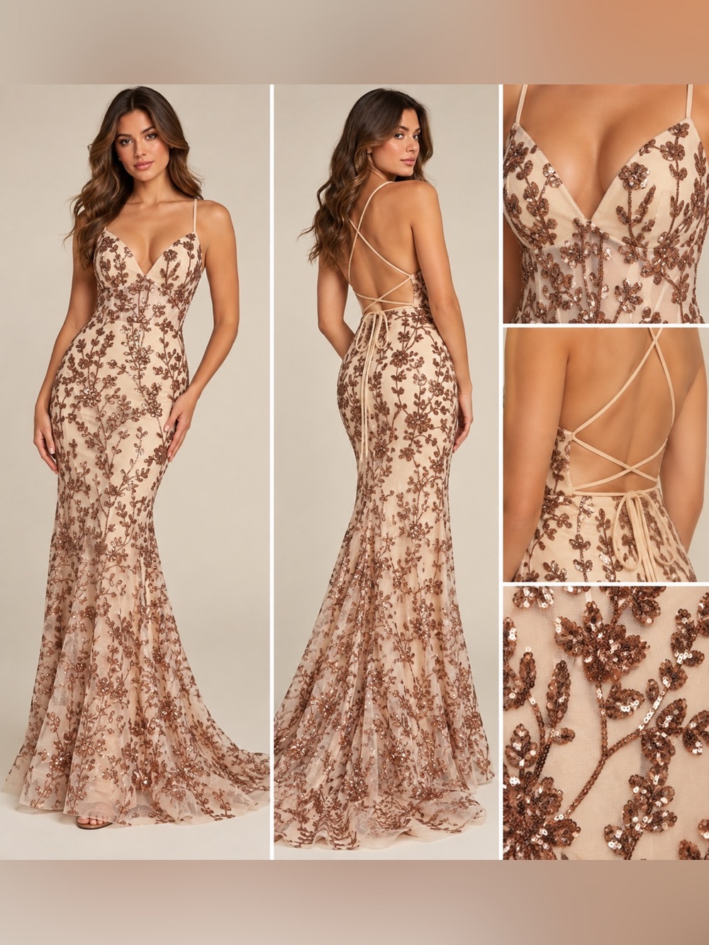 VIP Bridal Cream Brown Sequin Mermaid Prom Formal Gown XS NWT